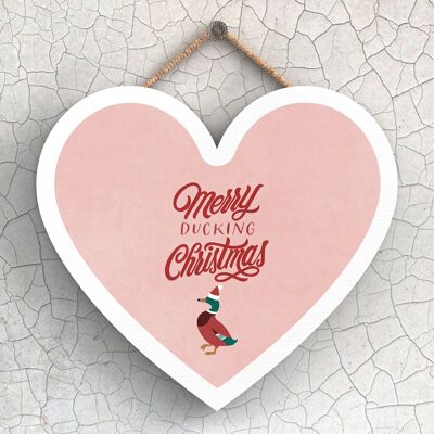 P2423 - Merry Ducking Christmas Duck su una targa da appendere in legno a forma di cuore