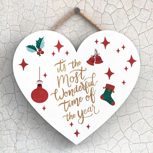 P2427 - Most Wonderful Time Red And Green Typography On A Heart Shaped Wooden Hanging Plaque