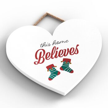 P2428 - This Home Believes Stockings Typography On A Heart Shaped Wooden Hanging Plaque 2