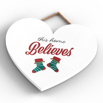 P2428 - This Home Believes Stockings Typography On A Heart Shaped Wooden Hanging Plaque 4