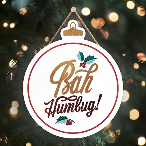 P2466 - Bah Humbug Gold And Red Typography On A Bauble Shaped Wooden Hanging Plaque