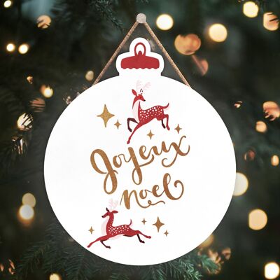 P2476 - Typographie De Renne Joyeux Noel Sur Une Plaque à Suspendre En Bois En Forme De Boule