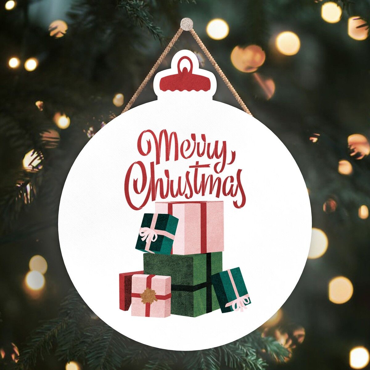 P2479 - Feliz Navidad Regalos Y Tipografía Sobre Placa Colgante De Madera En Forma De Adorno