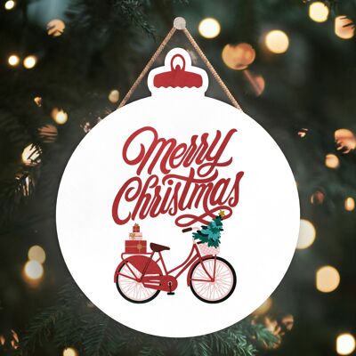 P2480 - Frohe Weihnachten, Fahrrad und Typografie auf einem kugelförmigen Holzschild zum Aufhängen