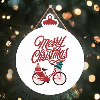 P2480 - Joyeux Noël Vélo Et Typographie Sur Une Plaque à Suspendre En Bois En Forme De Boule 1