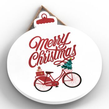 P2480 - Joyeux Noël Vélo Et Typographie Sur Une Plaque à Suspendre En Bois En Forme De Boule 2