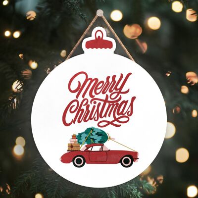 P2481 - Merry Christmas Car And Typography On A Bauble Shaped Wooden Hanging Plaque