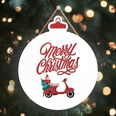 P2482 - Joyeux Noël Scooter Et Typographie Sur Une Plaque à Suspendre En Bois En Forme De Boule