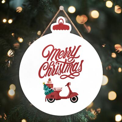 P2482 - Frohe Weihnachten Scooter und Typografie auf einer hölzernen Hängeplakette in Kugelform