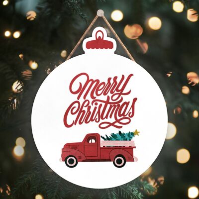 P2483 - Merry Christmas Truck And Typography On A Bauble Shaped Wooden Hanging Plaque