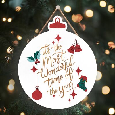 P2489 - Most Wonderful Time Red And Green Typography On A Bauble Shaped Wooden Hanging Plaque