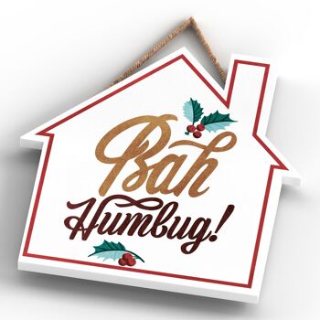 P2497 - Bah Humbug Typographie Or Et Rouge Sur Plaque à Suspendre En Bois En Forme De Maison 4