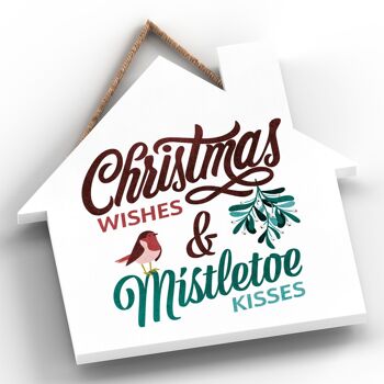 P2500 - Christmas Wishes Mistletoe Kisses Typographie rouge et verte sur une plaque à suspendre en bois en forme de maison 2