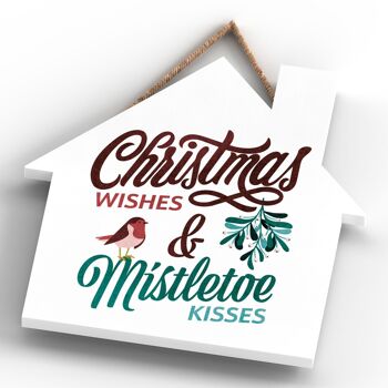 P2500 - Christmas Wishes Mistletoe Kisses Typographie rouge et verte sur une plaque à suspendre en bois en forme de maison 4