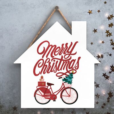 P2511 - Frohe Weihnachten, Fahrrad und Typografie auf einem hölzernen Hängeschild in Form eines Hauses