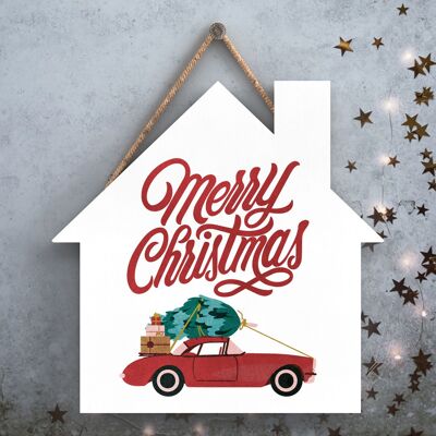 P2512 - Joyeux Noël Voiture Et Typographie Sur Une Plaque à Suspendre En Bois En Forme De Maison