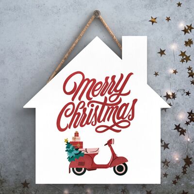 P2513 - Frohe Weihnachten Scooter und Typografie auf einem hölzernen Hängeschild in Form eines Hauses