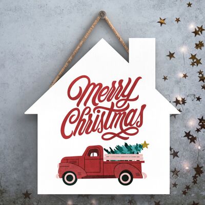 P2514 - Merry Christmas Truck e tipografia su una targa da appendere in legno a forma di casa