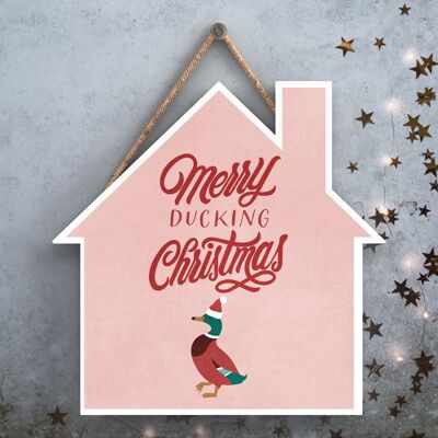 P2516 - Canard de Noël Merry Ducking sur une plaque à suspendre en bois en forme de maison