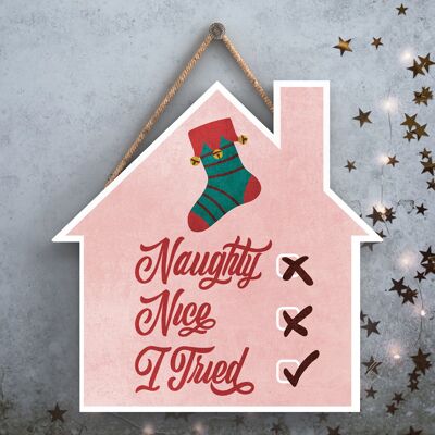 P2517 - Naughty, Nice, I Tryed Typography On A House Shaped Wooden Hanging Plaque