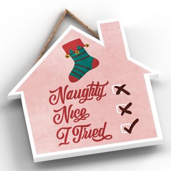 P2517 - Naughty, Nice, I Tryed Typography On A House Shaped Wooden Hanging Plaque 2