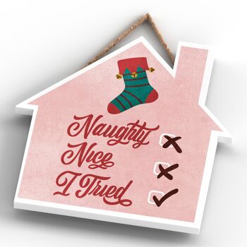 P2517 - Naughty, Nice, I Tryed Typography On A House Shaped Wooden Hanging Plaque 4