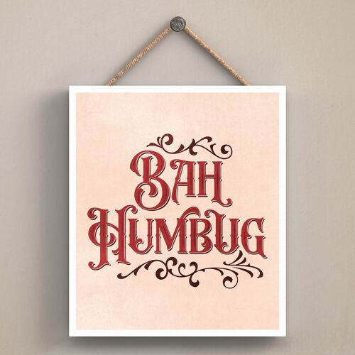 P2527 - Bah Humbug Pink And Red Typography On An Off Square Shaped Wooden Hanging Plaque