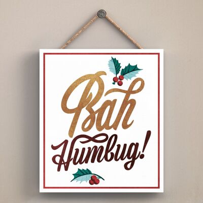 P2528 - Bah Humbug Gold And Red Typography On An Off Square Shaped Wooden Hanging Plaque