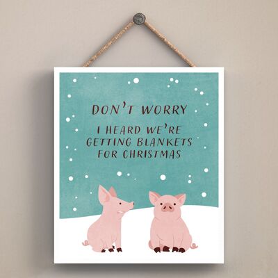P2530 - Pig In Blankets Typography On An Off Square Shaped Wooden Hanging Plaque