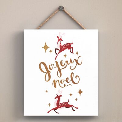 P2538 - Joyeux Noel Reindeer Typography On An Off Square Shaped Wooden Hanging Plaque