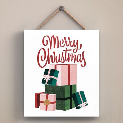 P2541 - Joyeux Noël Présente Et Typographie Sur Une Plaque à Suspendre En Bois De Forme Carrée