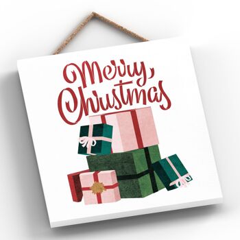 P2541 - Joyeux Noël Présente Et Typographie Sur Une Plaque à Suspendre En Bois De Forme Carrée 2