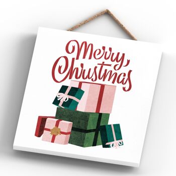 P2541 - Joyeux Noël Présente Et Typographie Sur Une Plaque à Suspendre En Bois De Forme Carrée 4