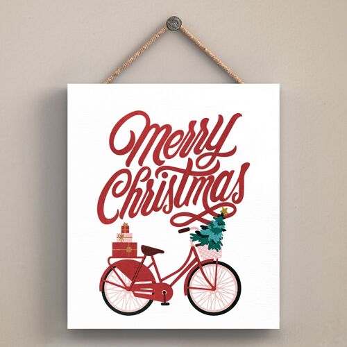 P2542 - Merry Christmas Bicycle And Typography On An Off Square Shaped Wooden Hanging Plaque