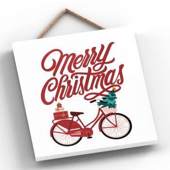 P2542 - Joyeux Noël Vélo Et Typographie Sur Une Plaque à Suspendre En Bois De Forme Carrée 2