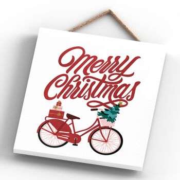 P2542 - Joyeux Noël Vélo Et Typographie Sur Une Plaque à Suspendre En Bois De Forme Carrée 4