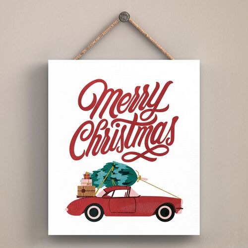 P2543 - Merry Christmas Car And Typography On An Off Square Shaped Wooden Hanging Plaque