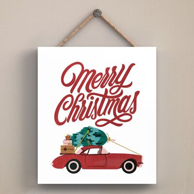 P2543 - Frohe Weihnachten-Auto und Typografie auf einer quadratischen Holztafel zum Aufhängen