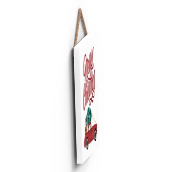 P2543 - Voiture de Noël joyeux et typographie sur une plaque à suspendre en bois de forme carrée 3