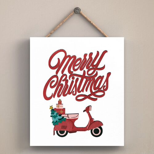 P2544 - Merry Christmas Scooter And Typography On An Off Square Shaped Wooden Hanging Plaque