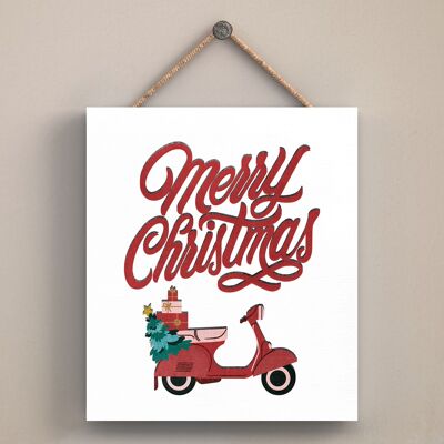 P2544 - Merry Christmas Scooter And Typography On An Off Square Shaped Wooden Hanging Plaque