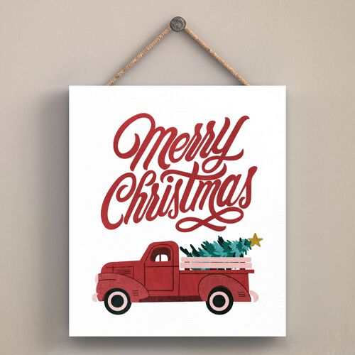 P2545 - Merry Christmas Truck And Typography On An Off Square Shaped Wooden Hanging Plaque