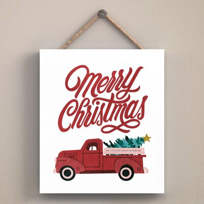 P2545 - Camión Feliz Navidad Y Tipografía Sobre Placa Colgante De Madera Cuadrada