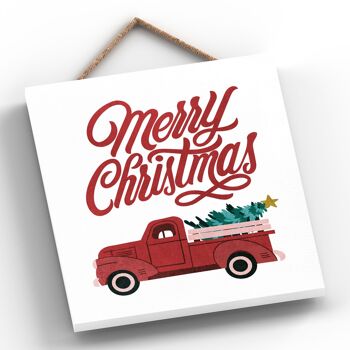 P2545 - Joyeux Noël Camion Et Typographie Sur Une Plaque à Suspendre En Bois De Forme Carrée 2