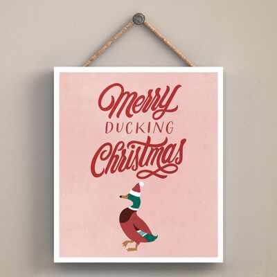 P2547 - Merry Ducking Canard de Noël sur une plaque à suspendre en bois de forme carrée