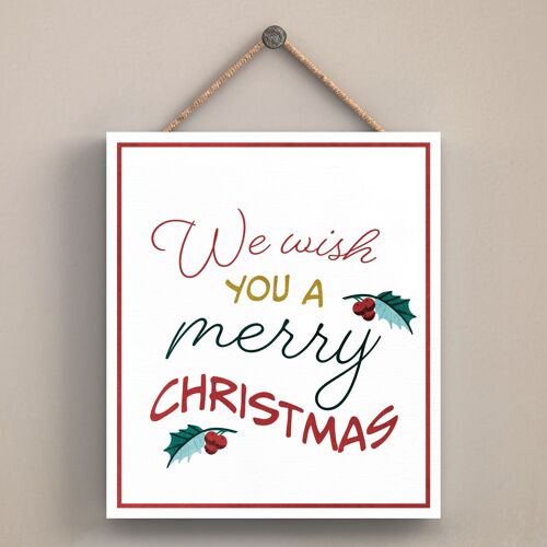 P2554 - We Wish You A Merry Christmas Typography On An Off Square Shaped Wooden Hanging Plaque