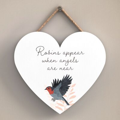 P2558 - Plaque à suspendre en bois en forme de cœur « Robin Angels Are Near »