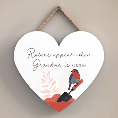 P2561 - Plaque à suspendre en bois en forme de cœur "Robin Grandma Is Near"