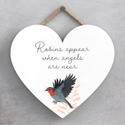 P2569 - Una targa da appendere in legno a forma di cuore "Robin Angels Are Near" che scalda il cuore
