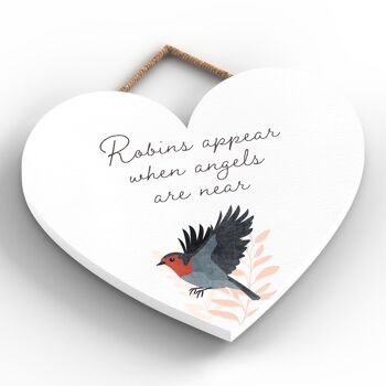 P2569 - Plaque à suspendre en bois en forme de cœur « Robin Angels Are Near » 2